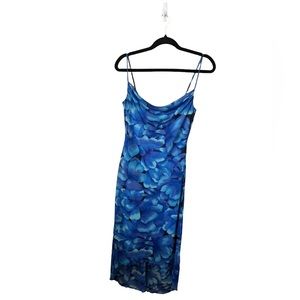 Vintage Blue Floral Spaghetti Strap Mesh Bodycon Midi Dress by City Triangles